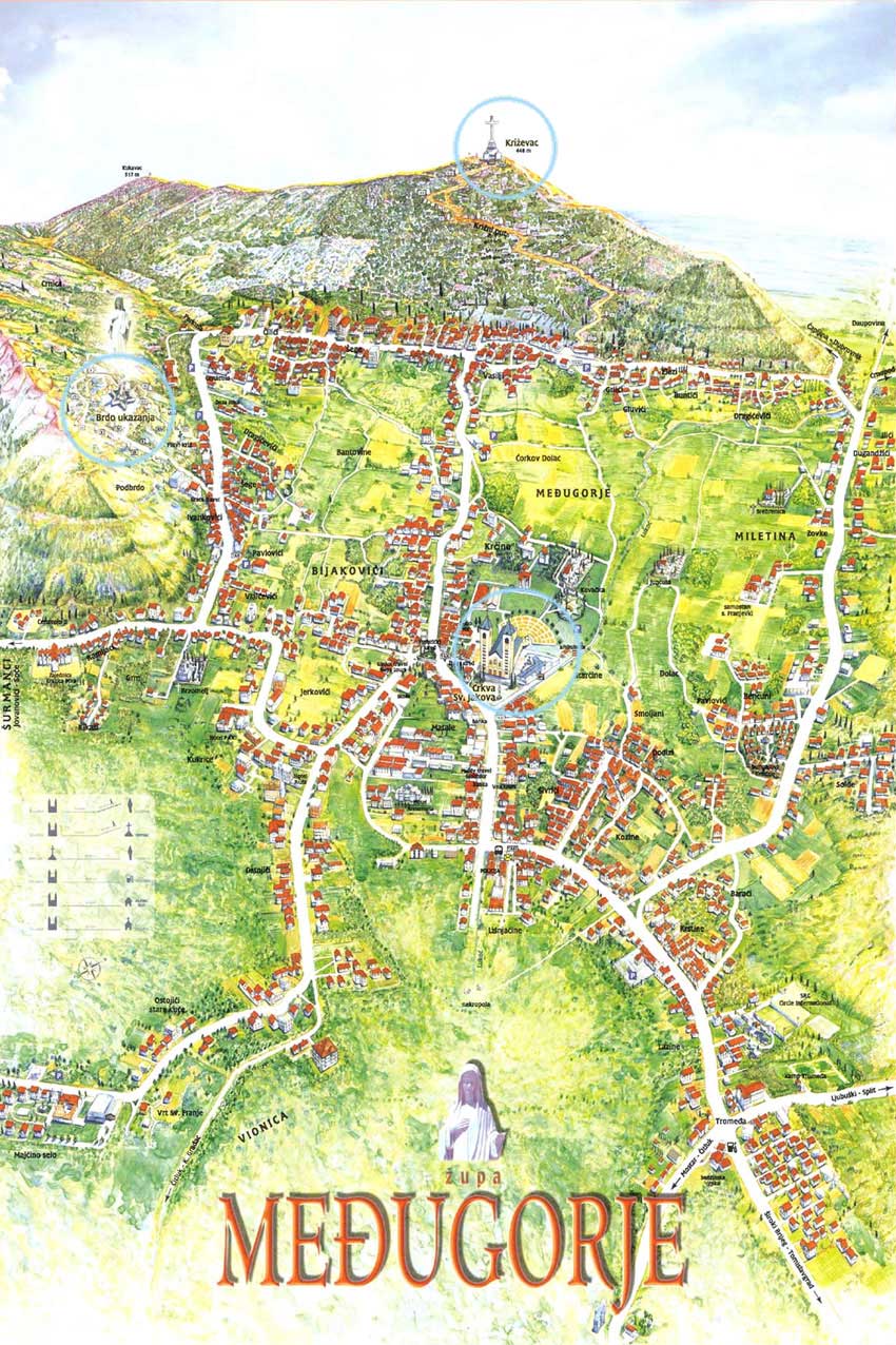 Mapa de Medjugorje y el santuario sobre el monte
